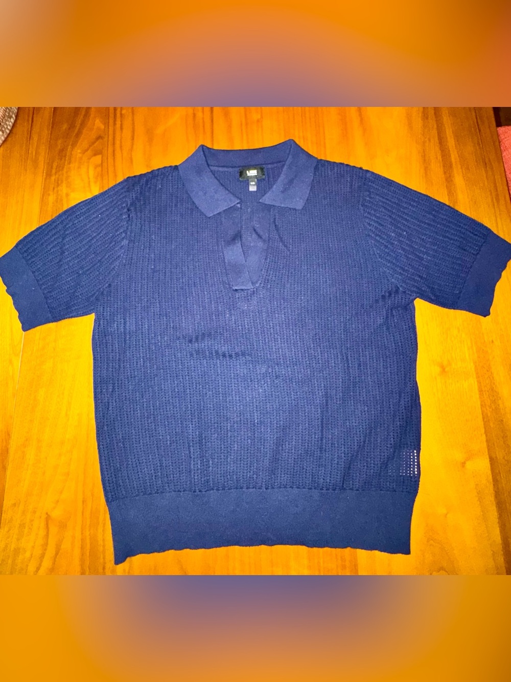 Line the Label Dark Blue Open Knit, Short Sleeved Polo Sweater, Size L